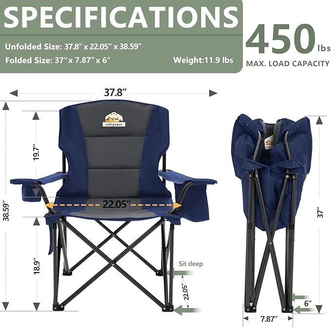 Oversized Camping Chairs 2 Pack - 450lbs Support Heavy Duty Folding Camp Chair Wide Portable Outside Collapsible Chairs with Carry BagCoolerCup Holder for OutdoorLawnSportsBaseballSoccer-Navy
