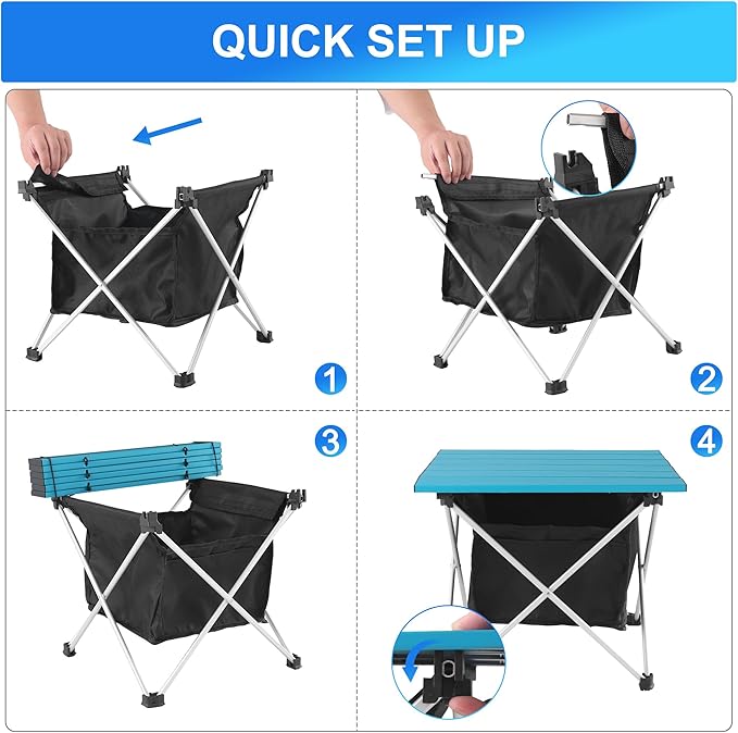 Grope Portable Camping Table Ultralight Aluminum Camp Table with Storage BagBeach Table for Sand with Carrying BagPrefect for OutdoorPicnicBBQCookingFestival (Blue with Storage Bag-S)