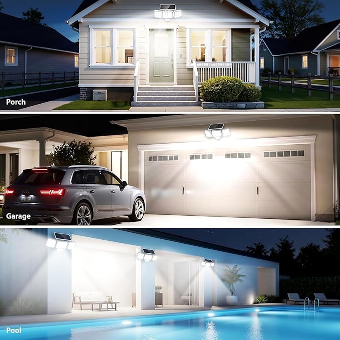 WdtPro Motion Sensor Outdoor Lights 3 Pack3500LM Bright Solar Lights Outdoor Flood Light Upgrade Glass Panel LED Solar Powered Security Light Spotlights Waterproof for Outside Yard-White