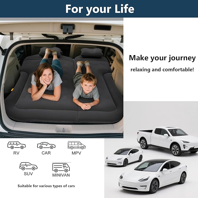 SUV Air Mattress for Camping Air Mattress for Car Compatible with SUV Camping Bed with Pump Inflatable Sleeping Pad for Car Backseat Truck Travel Bed for Road Trip (Black)