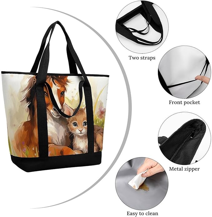 Insulated Shopping BagLarge Reusable Cooler Bags Cute Horse And Cat Printed Foldable Shopping BagTravel Waterproof Shoulder Bag