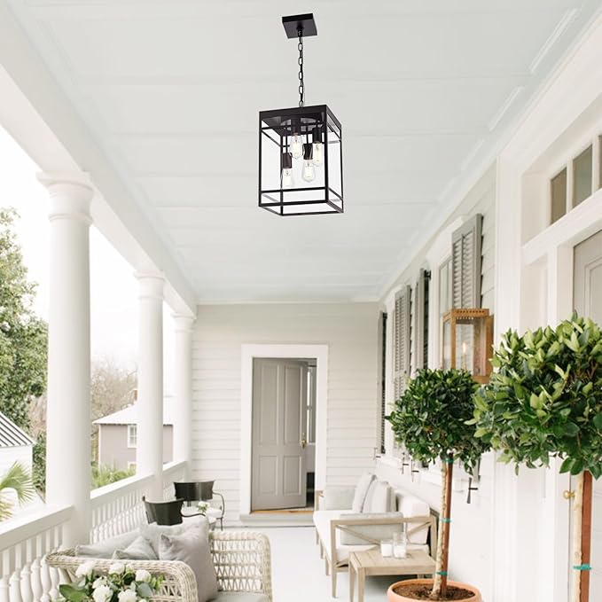 4-Light Outdoor Pendant Lights for Porch Oil Rubbed Bronze Outdoor Chandelier 15.7'' Exterior Hanging Porch Light Fixtures w/Clear Glass Waterproof Outside Pendant Lantern for Garage Foyer