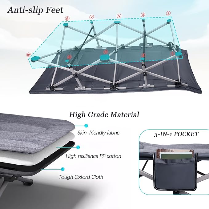 KAKO Folding Camping Cot Heavy Duty 600 Lbs Portable Bed for Adults Camping Beds with Carry Bag Grey