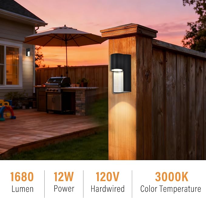 COTTAGE LIFE Modern Outdoor Wall Light Fixture 12W LED Exterior Wall Sconce 1680LM 3000K Warm Light Black Aluminum Waterproof Hardwired Outdoor Wall Lights for Porch Patio Garage Front Door House