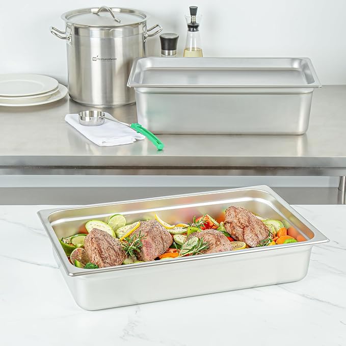Restaurantware-Kitchen Tek Full Size Steam Table Pans 6 Anti-Jam Steam Pans - Lids Sold Separately 4” Deep 24 Gauge Stainless Steel Hotel Pan Freezable For Catering Events And Parties