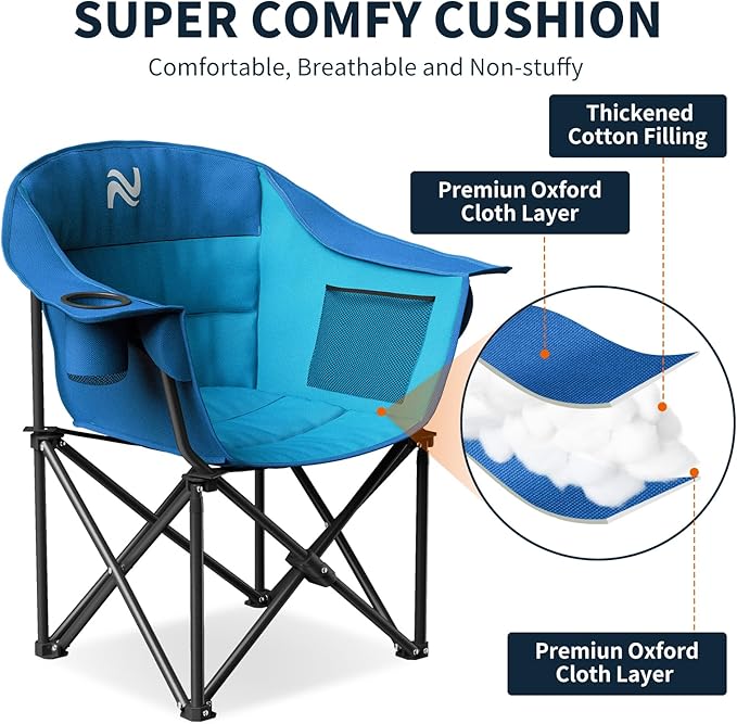 NAIZEA Padded Camping Chair Outdoor Folding Chair Portable Heavy Duty Arm Chairs with Side Pockets Cup Holder for Beach Lawn Picnic Fishing Backpacking