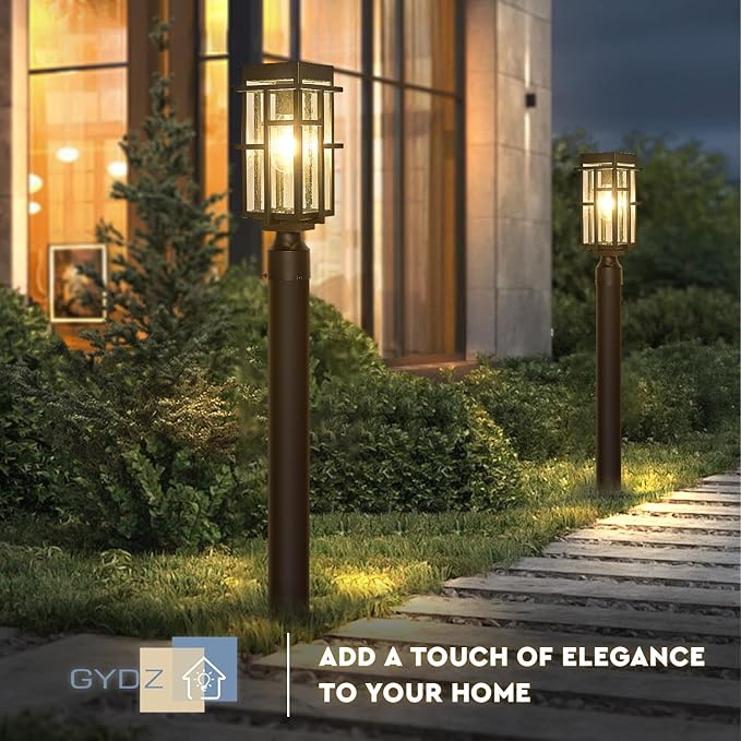 Outdoor Solar Lamp Post Light with Pier Mount Base Dusk to Dawn Aluminum Outside Solar Pillar Lights with Seeded Glass Waterproof Exterior Pole Light for Garden Pathway Patio Black