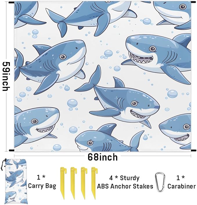 Waterproof Sandproof Beach Blanket 59''×68'' Ocean Sharks Polyester Outdoor Picnic Blanket with 4 Stakes &amp Storage Bag for BeachCampingVacation White Bottom