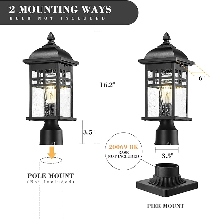Emliviar Farmhouse Outdoor Post Light 16 Exterior Post Lamp for Patio Porch with Seeded Glass Black Finish DE279P BK