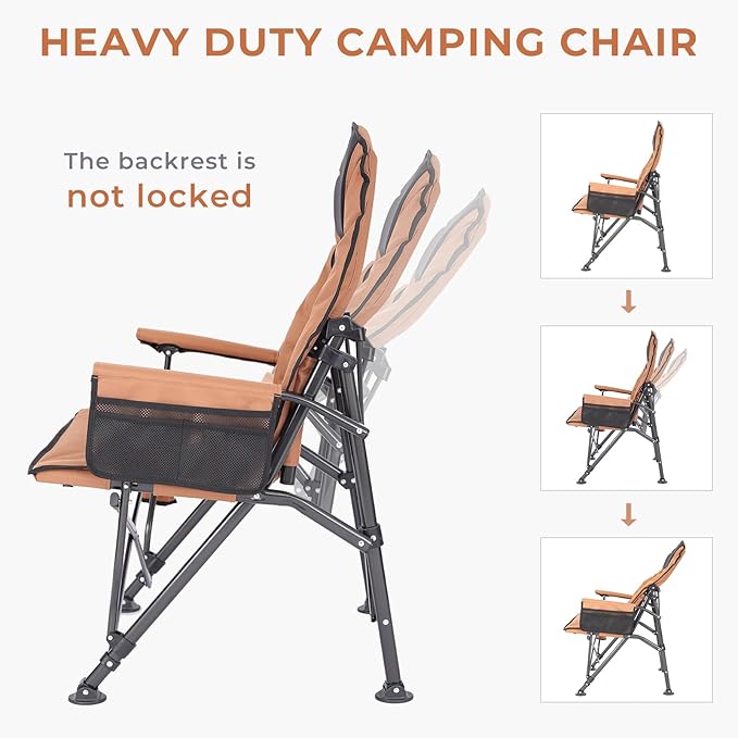Camping Chairs for Adults Adjustable Backrest Heavy Duty Oversized Folding Camping Chair Supports 350lbs for Outside with Cup Holder&ampSide Pocket Outdoor Folding Camp Chair with High Back (Brown)