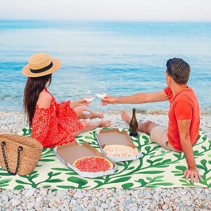 Waterproof Sandproof Beach Blanket 59''×68'' Bouquet Leaves Polyester Outdoor Picnic Blanket with 4 Stakes &amp Storage Bag for BeachCampingVacation Green