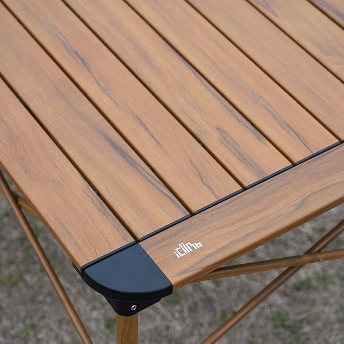 iClimb Lightweight Stable Alu. Folding Square Table Roll Up Top with Carry Bag for Camping Picnic Backyards BBQ Camp Kitchen (Nature L)