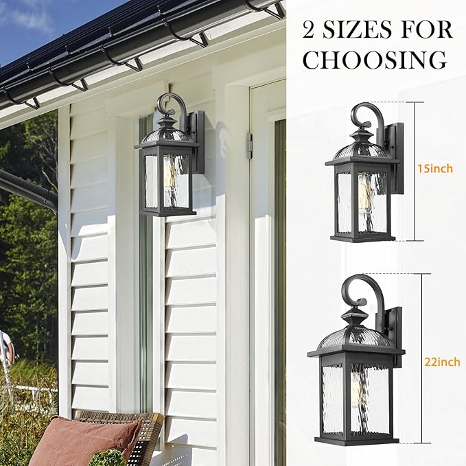 Darkaway Outdoor Lights Fixture Wall Mount Exterior Wall Light with Water Ripple Glass Waterproof Black Outside Wall Sconce for House Porch Hallway Garage