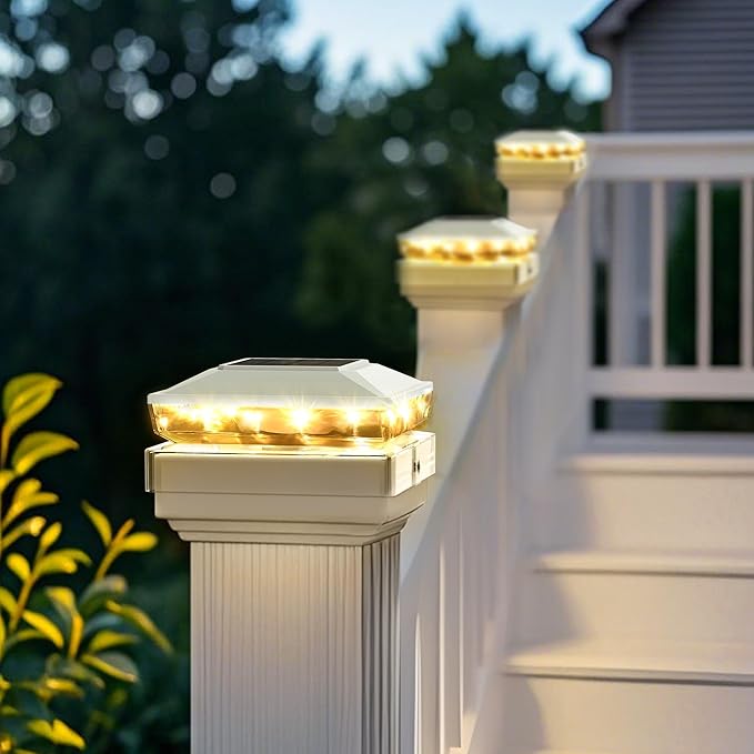 Solar Post Cap Lights 6 Pack Upgraded Outdoor Deck Fence Post Solar Lights for 4x4 5x5 Wood/Vinyl Posts IP65 Waterproof 10-12 Hours Warm White Glow for Garden/Patio/Porch - White