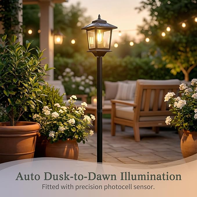 PASAMIC Outdoor Solar Post Lights 2-Pack 63 Dusk to Dawn Solar Lamp Posts Waterproof Floor Lamps Warm White Pole Lights for Patio with Replaceable Bulb