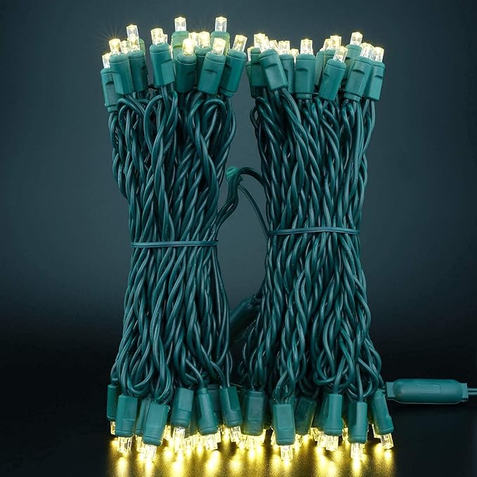 YULETIME Warm White 5MM LED Christmas Lights 50 ft 100 Count 6 Spacing One-Piece High Waterproof Wide Angle UL Certified String Light (6“ Warm White - Green Wire)