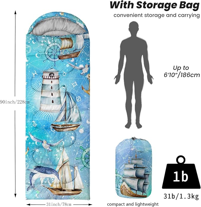 Sleeping Bags for Adults Youth Kids3D Printing Camping Sleeping Bag for Girls Boys Lightweight Waterproof Cold/Warm Weather Sleeping Bag for 3 Seasons