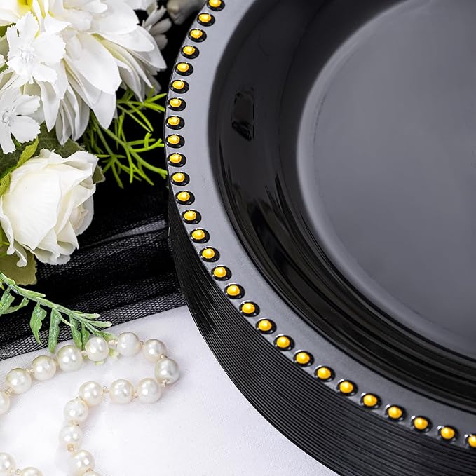 Rubtlamp 60Pcs Black Gold Plastic Plates Black Disposable Plates With Gold Beaded Heavyduty Plastic Plates Halloween Plates Include 30 Dessert Platos 30 Dinner Platos for Party