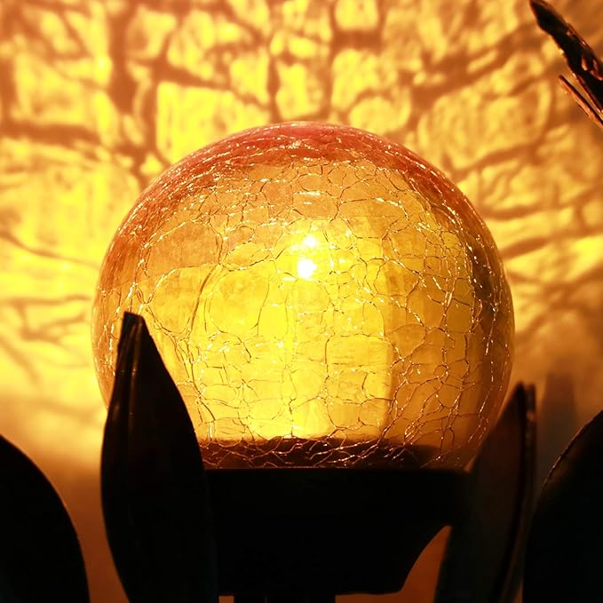 VCUTEKA Solar Lights Outdoor Metal Garden Stake Waterproof Crackle Glass Globe Garden Decor Butterfly for Pathway Lawn Patio Yard