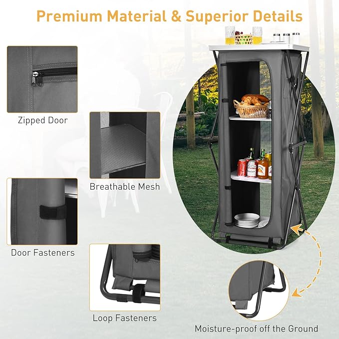 Goplus Folding Camping Storage Cabinet Pop Up Outdoor Camping Kitchen Station with Large 3-Tier Storage Organizer Carry Bag Easy Set Up Portable Compact Camping Table for BBQ Picnic Backyard (55'')
