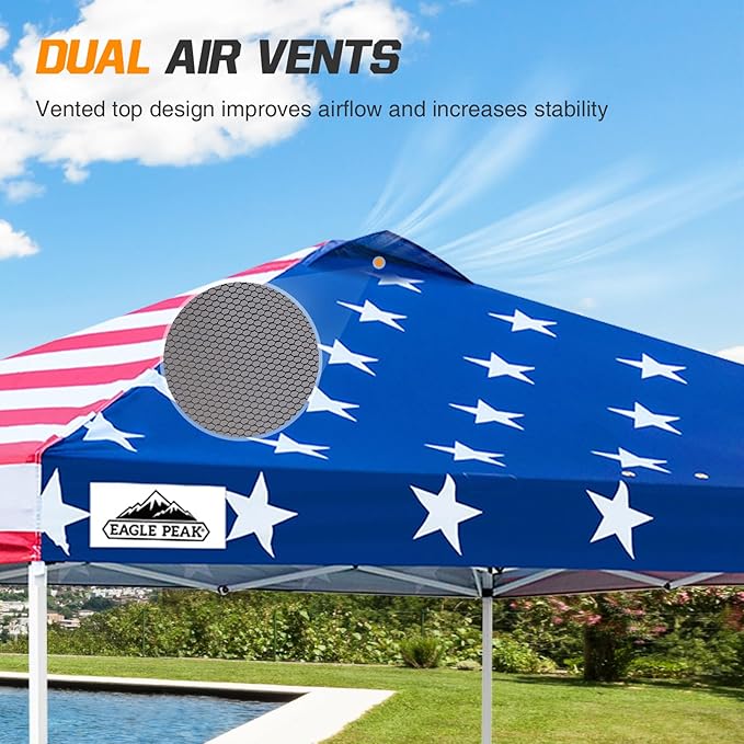 EAGLE PEAK Pop Up Canopy Tent with Wheeled Carry Bag 8 Stakes 4 Ropes 4 Weight Bags Easy Set Up Tent Canopy 10x10 ft 100sqft of Shade American Flag