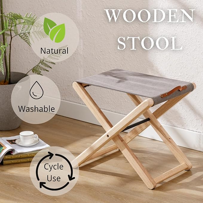 Folding Canvas Camp Stools Set of 6 Wood Folding Camping Stool Patio Portable Foot Stool for Garden Outdoor Fishing Picnic Travel BBQ Grey