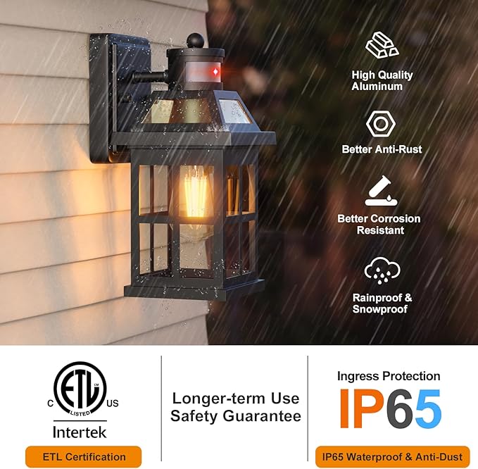 Motion Sensor Outdoor Light Fixtures 2-Pack Upgraded Anti-Rust Aluminum Outdoor Sconces Front Porch Lights Black Exterior Light Fixtures Dusk to Dawn Outside Lights House ETL Certified