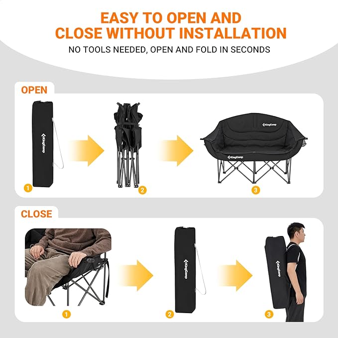 KingCamp Double Camping Chair Oversized Heavy Duty 550lbs Loveseat for Adults Portable Folding XL 2 Person Couch Padded Comfortable Two Seat with Cup Holder for Outdoor Lawn Backyard Black