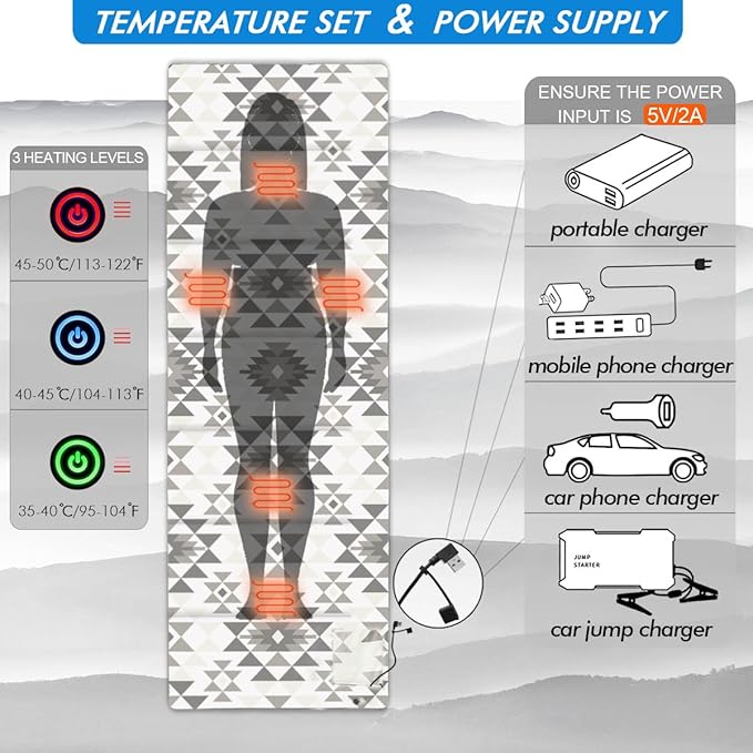 Heated Sleeping Bag pad 3 Adjustable Temperature Levels Operated by 5V/2A USB Power Supply (Bohemia 76 x 24)