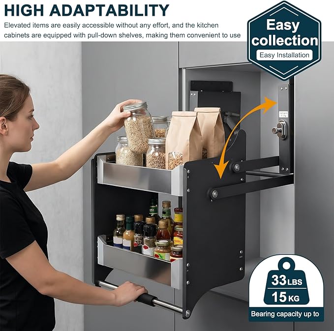 2 Tier Heavy Duty Pull Down Shelf 22.2-22.4 Inch Width 11 Inch Depth 22 Inch Height Shelf Organizer for Kitchen Pots Pans &amp Pantry Storage