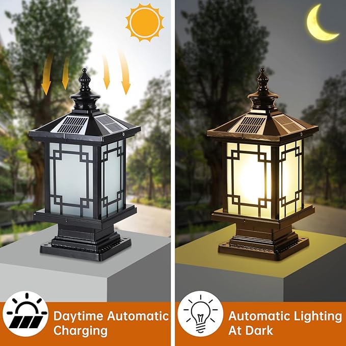 LED Solar Post Light Outdoor Aluminum Fence Post Cap Lamp Remote Control Dimmable Pillar Lights Solar IP65 Waterproof Column Light 15.7 X 7.3 Pillar Pedestal Lantern for Garden Yard