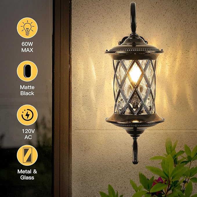 Retro Large Outdoor Wall Lanterns 24 Exterior Light Fixtures Coach Light Waterproof Aluminium with Water Glass Outside Wall Lamps for House Front Door Garage Porch Lighting Black