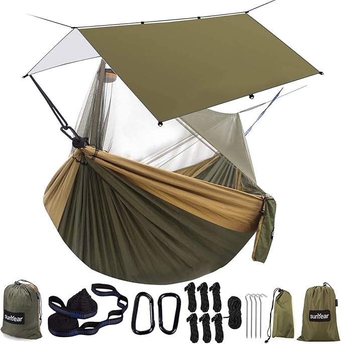 Sunyear Hammock Camping with Rain Fly Tarp and Net Portable Camping Hammock Double Tree Hammock Outdoor Indoor Backpacking Travel &amp Survival 2 Tree Straps100% Waterproof