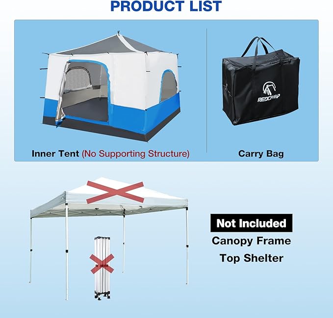 REDCAMP Canopy Camping Tent for Pop Up Canopy Tent Inner Tent Converts Straight Leg 10'x10' or 10'x20' Canopy into Camping Tent Fits 4-6 Person(Frame/Shelter NOT Included)