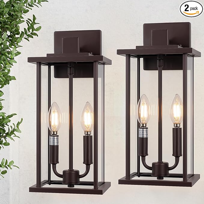 2-Pack 16 Large Outdoor Wall Light Fixtures 2-Light Exterior Front Porch Light Brushed Outdoor Sconce Lights Waterproof Farmhouse Lamp Lighting (Bronze 16in No Sensor)