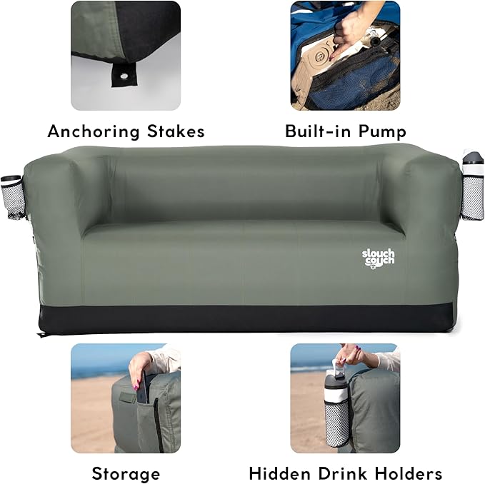 Slouch Couch | Air Sofa with Built-in Pump Hidden Cup Holders Storage Pockets | Durable Blow Up Couch with High-Performance Fabric for Camping Beach Home &amp Outdoors (Happy Camper)
