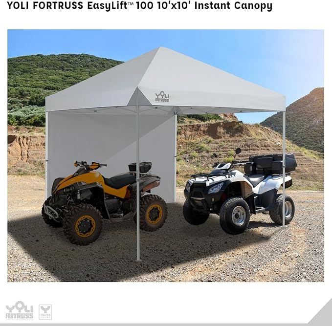 YOLI FORTRUSS EasyLift 10’x10’ Pop Up Instant Canopy with Reinforced Y-Truss Frame 99% UV Protection Water Resistant &amp Fire-Retardant Top 4 Height Settings with Sidewall and Wheeled Carry Bag