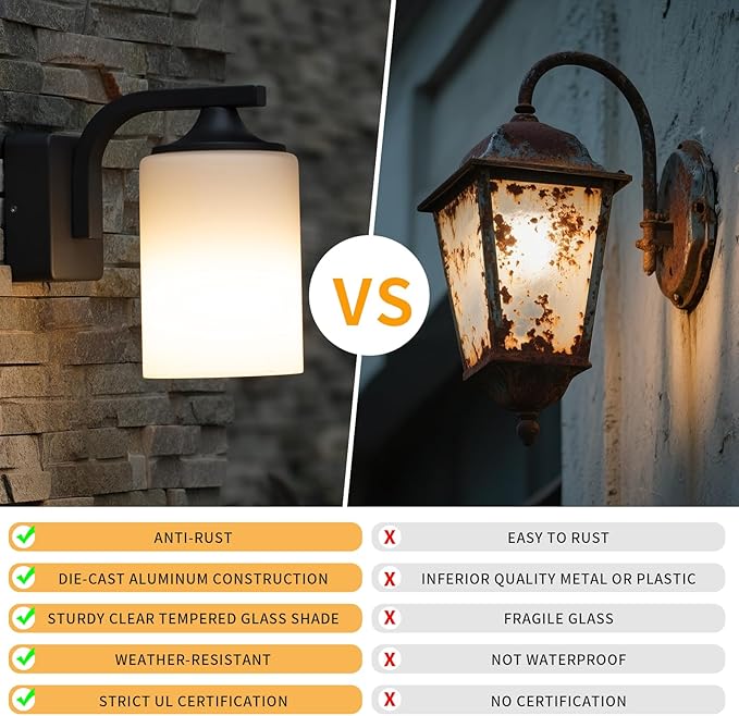 Outdoor Wall Lamp Waterproof and Anti-Rust Aluminium Modern Wall Light Fixture Milk Glass Indoor for OutsideGarden Matt Black
