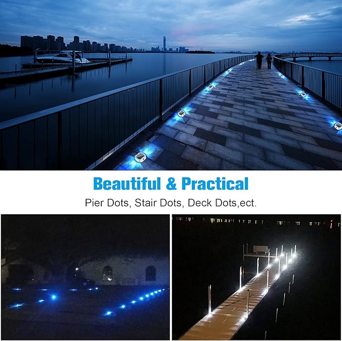 VOLISUN Solar Driveway Lights Dock Deck Lights 4-Pack2 Colors in 1 LED Solar Powered Waterproof Outdoor Warning Step Light for Driveway Sidewalk Pathway (White/Blue)Auto On/Off