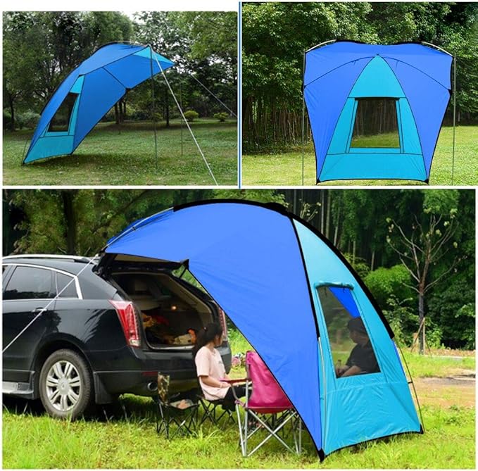 PlayDo Waterproof Teardrop Trailer Awning Portable Car SUV Awning Tent Sun Shelter Canopy for Camping 4 Persons (Blue01)