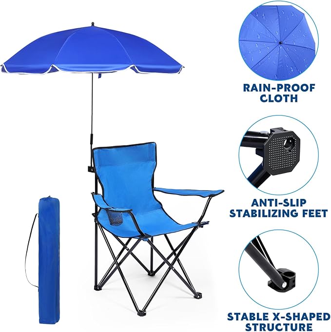 2 Pack Beach Umbrella Chair Folding Camping Beach Chair with Canopy Shade Adults Portable Chairs with Cup Holder and Carrying Bag for Camping Hiking Travel Picnic and Other Outdoor Events