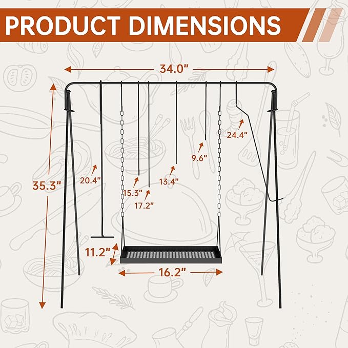 Campfire Swing Grill with Adjustable Grill Cooking RackCamp Fire Cooking Equipment Comes With 8 Hooks Accessories and handbagPortable Dutch Oven Hanger for Camping Hiking Cookware Bonfire