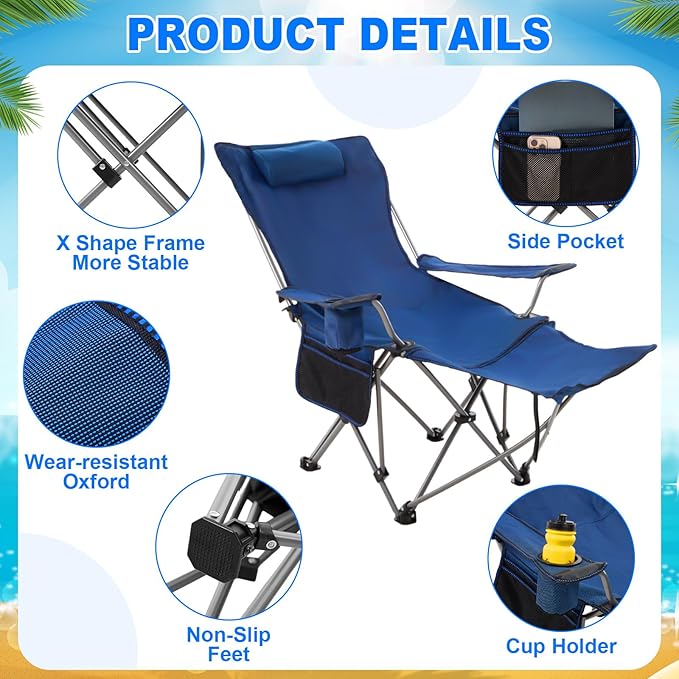 2 Set Reclining Camping Chair with Umbrella Clamp Adjustable Beach Chair with Foot Rest SPF 50+ Folding Shade Camping Lounger Recliner for Adult Outdoor(BlackBlueOxford)