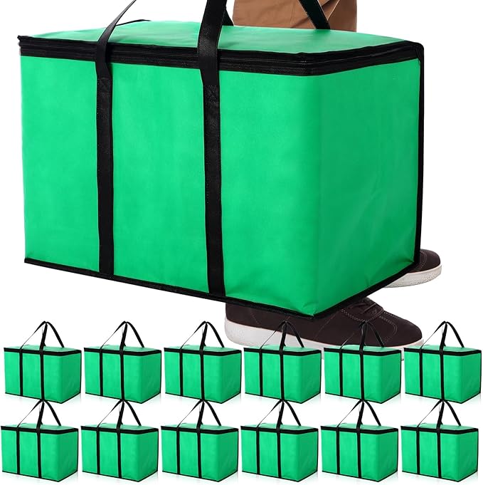 12 Pcs Large Insulated Food Delivery Bag Bulk XXXL Reusable Grocery Bags Foldable Catering Insulated Cooler Bag with Sturdy Handles for Takeout Shopping Camping Warmer/frozen(Green)