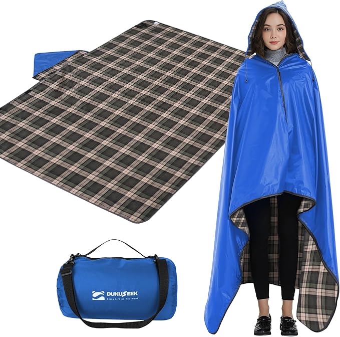 DUKUSEEK Outdoor Stadium Blankets with Hood Fleece Blankets Quilted Extra Thick Fleece Warm Windproof Sandproof Includes Stuff Sack Shoulder Strap