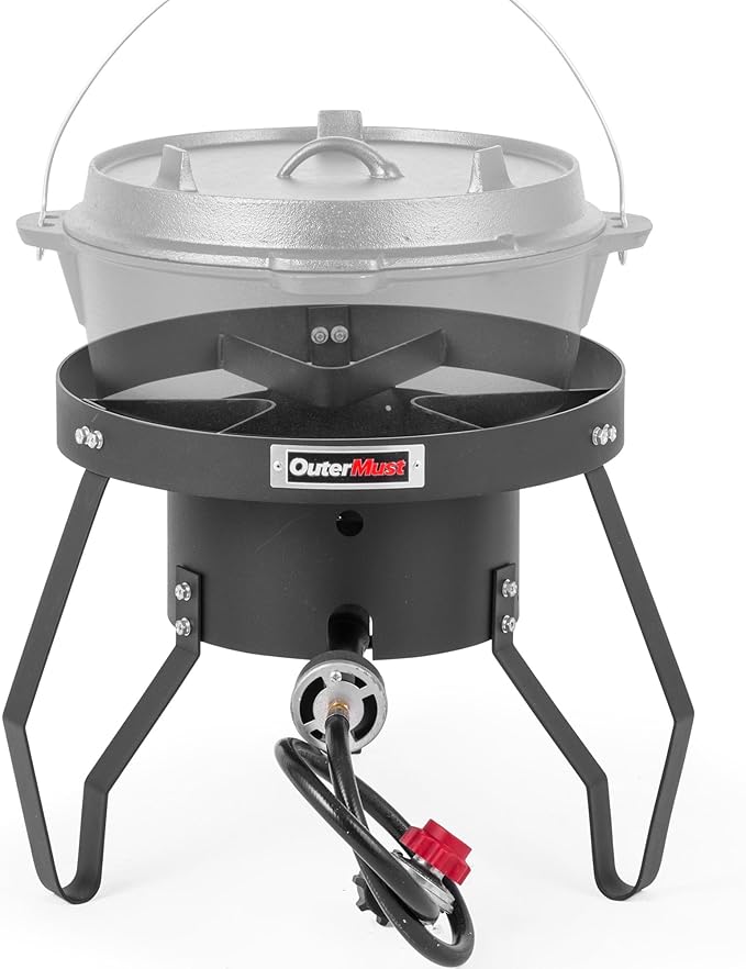 85000 BTU Camping Stove for Cast Iron Dutch OvenSingle Propane Burner with 10 PSI Regulator &amp Cast Iron Braided Holes Heavy Duty Round Gas Stove for Outdoor Cooking &amp Camping
