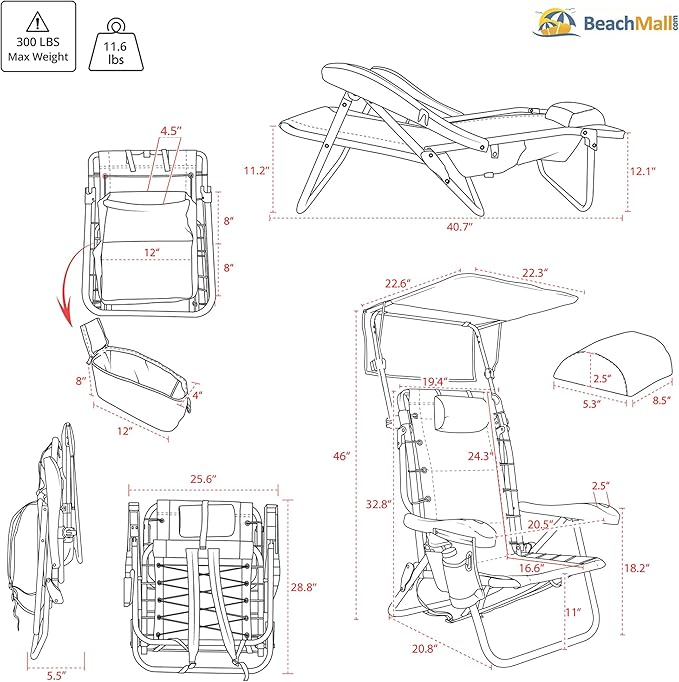 Ultimate Heavy Duty Aluminum Lace-Up Folding Backpack Beach Chair for Adults | Low Seat Lay Flat 5 Reclining Positions | Removable Insulated Cooler Pouch &amp Canopy for UV Protection