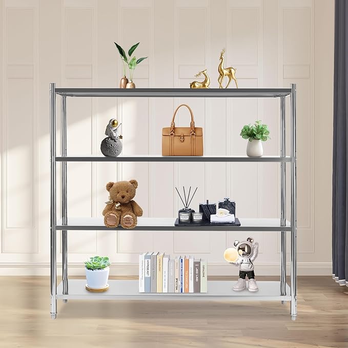 Stainless Steel Shelving 4 Tier Utility Bakers Racks Adjustable Shelf Storage Heavy Duty Shelving for Kitchen Commercial Office Garage Storage Laundry Room Organization (4-Tier 71*18*60in)