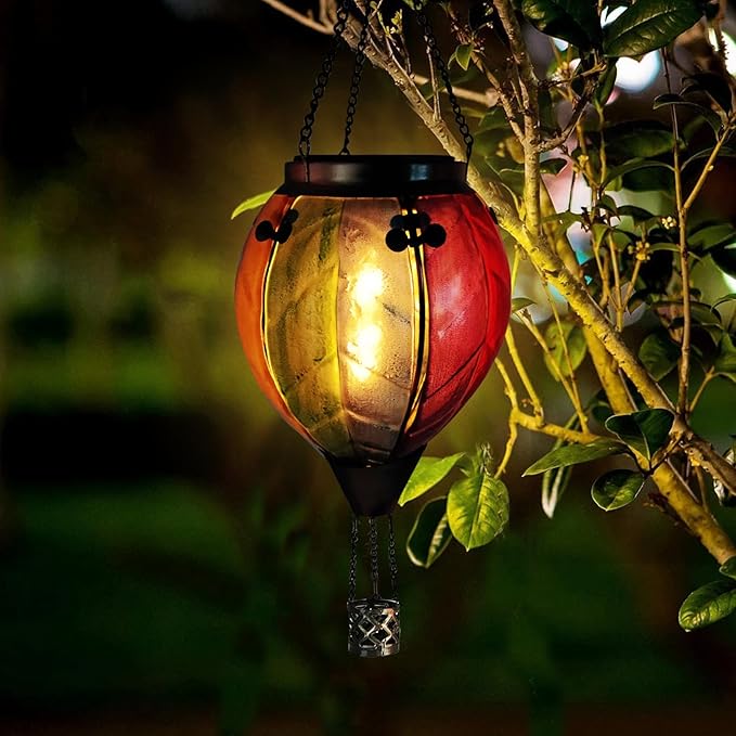 Glass Solar Hot Air Balloon Lantern with Flame Hanging Garden Flickering Light Outdoor Waterproof for Yard Patio Tree Mother's Day Gift Colorful