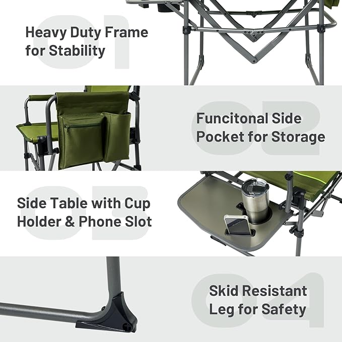 Timber Ridge Aluminum Camping Directors Chair with Side Table Pocket Portable Folding Chair Heavy Duty Lawn Chair for Fishing Trip Picnic Concert Outdoor 400lbs Green